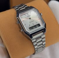 ساعت کاسیو نوستالژیک دو زمانه نقره ای | CASIO