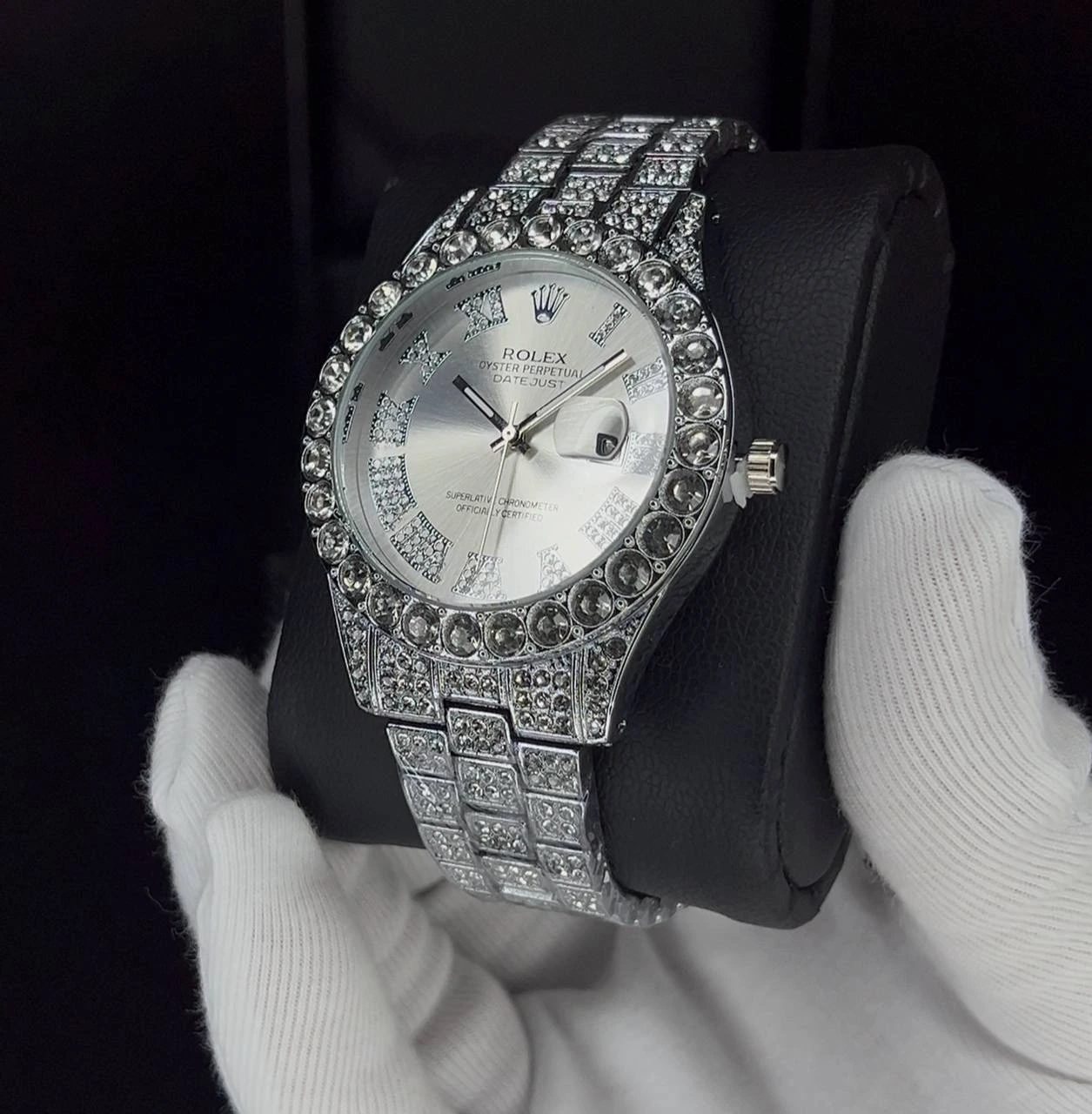 ساعت فول نگین رولکس مردانه | کامل نقره ای