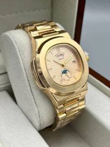ساعت پتک فیلیپ مردانه دوزمانه | طلایی کرم PATEK PHILIPE