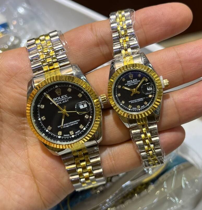 ست ساعت رولکس دیت جاست بند دورنگ صفحه مشکی | ROLEX DATE JUST