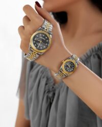 ست ساعت رولکس دیت جاست بند دورنگ صفحه مشکی | ROLEX DATE JUST