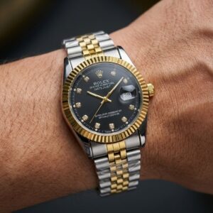 ساعت رولکس دیت جاست بند دورنگ صفحه مشکی | ROLEX DATE JUST
