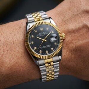 ساعت رولکس دیت جاست بند دورنگ صفحه مشکی | ROLEX DATE JUST
