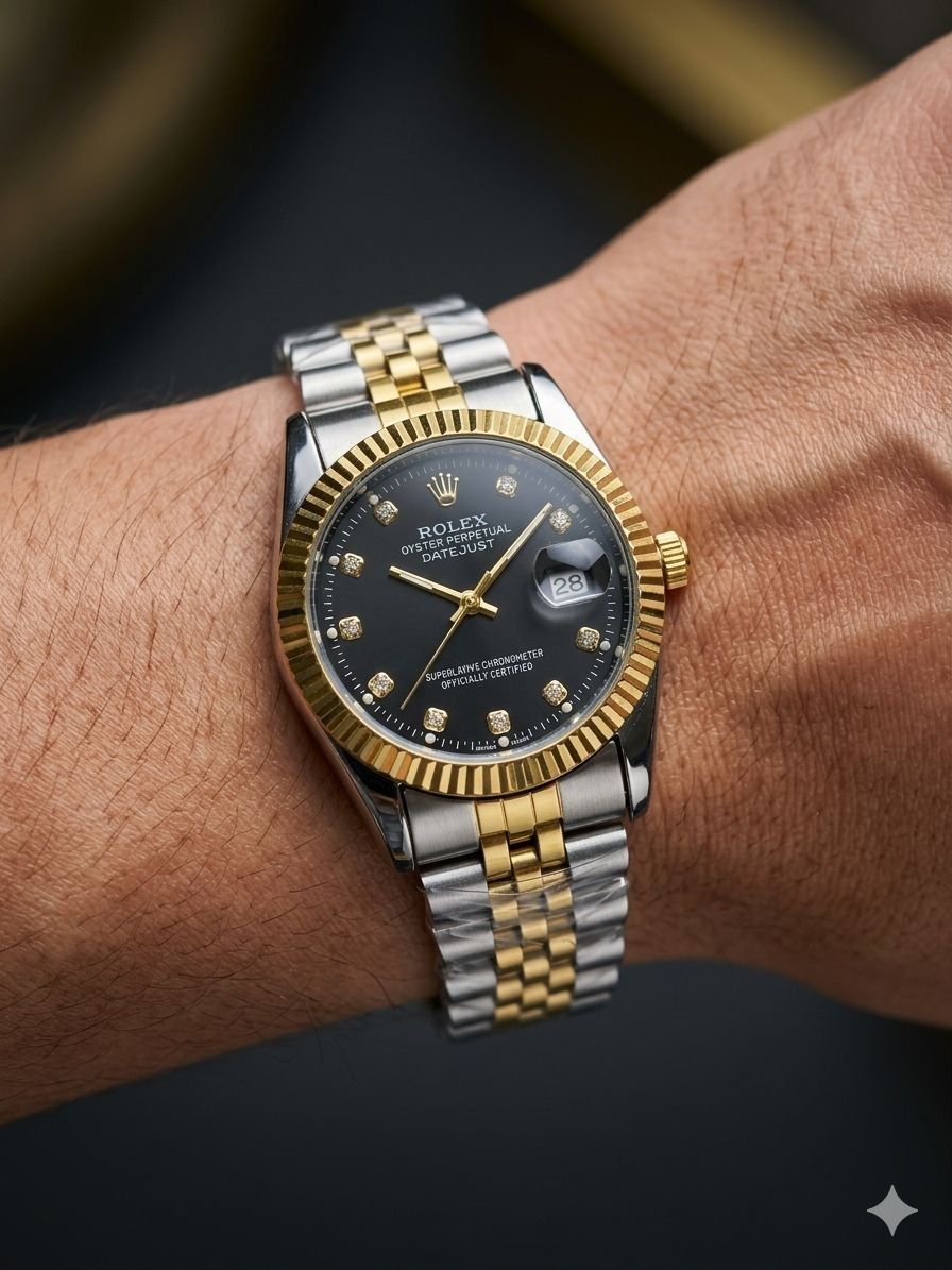 ساعت رولکس دیت جاست بند دورنگ صفحه مشکی | ROLEX DATE JUST